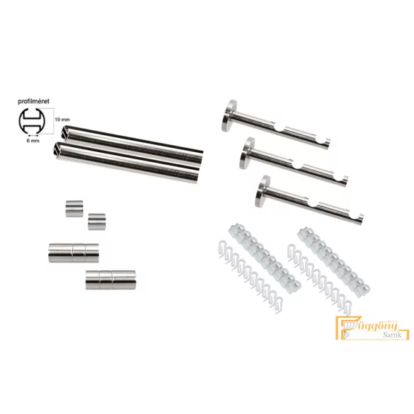 (5 szín 5 méret) Dupla fém belső sínes rúdkarnis szett Modern oldalfali szereléssel Ø19 mm - Inox -200cm