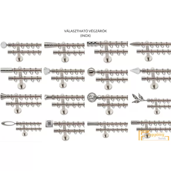 (7 szín 5 méret) Dupla fém rúdkarnis szett Modern oldalfali szereléssel Ø19 mm - Inox -200cm