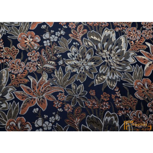 (6 szín) Meteora 3D mintával készült sötétítő függöny.305 cm. Sötétkék alapon terrakotta és fémes szürke színű virágok